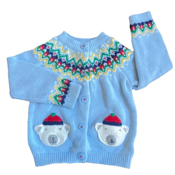 Mini Boden Fair Isle Yoke Dusty Blue Bear Cardigan Sweater Button Up EUC 18-24 m - Picture 1 of 7